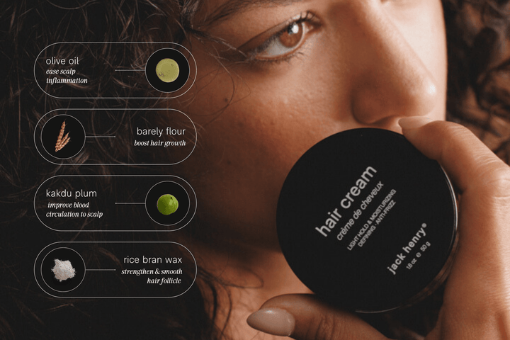 Person holding a jar of hair cream with ingredient information displayed.