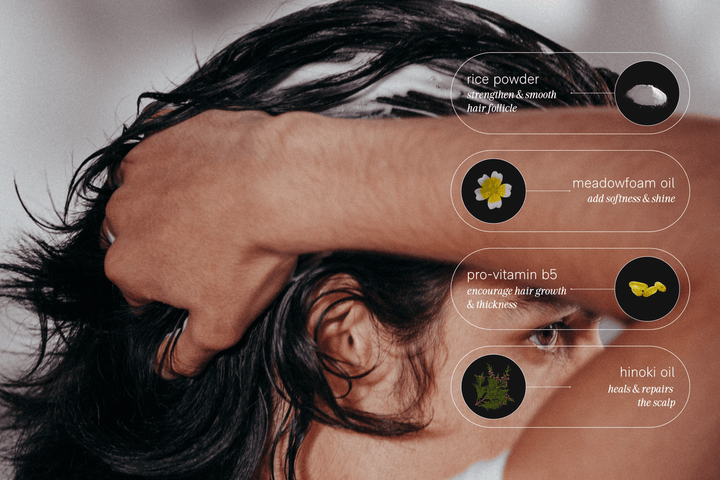 Person with wet hair, showing hair care product benefits on a blurred background
