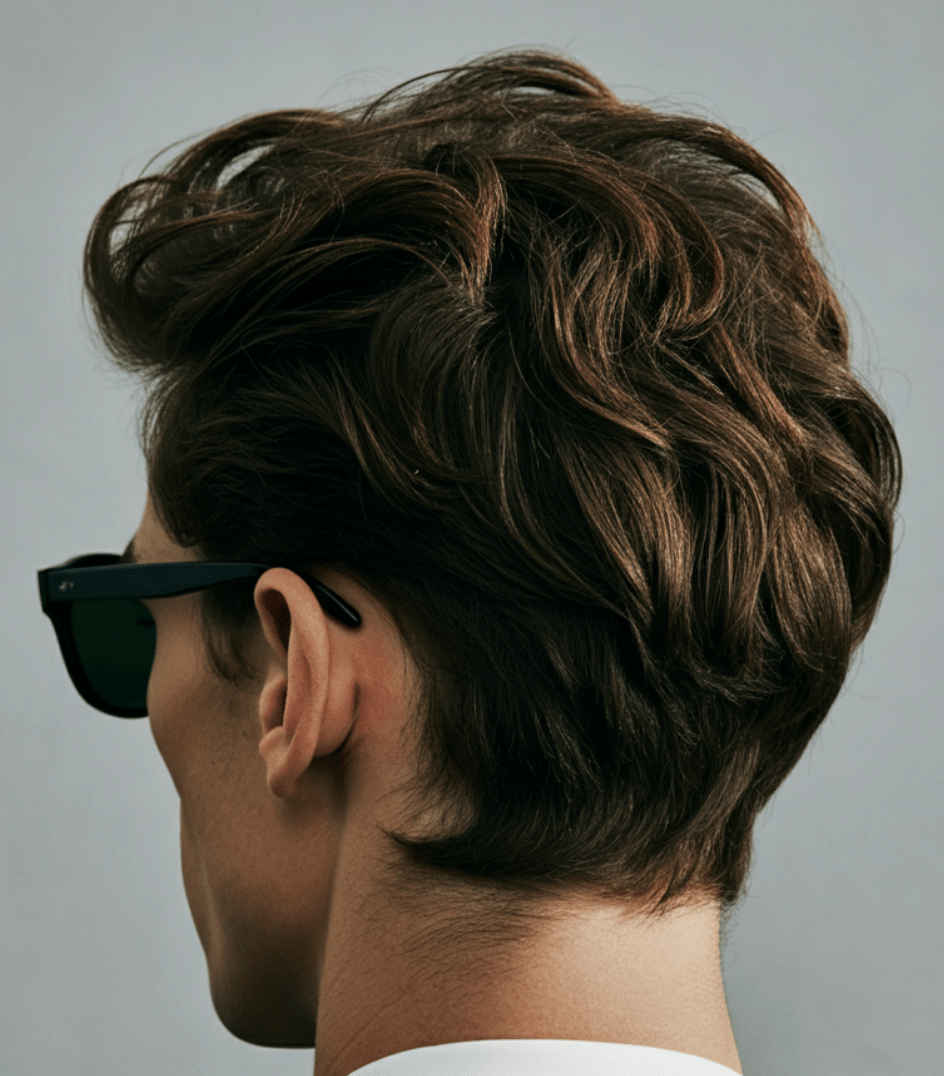 Man with styled hair and sunglasses on a gray background