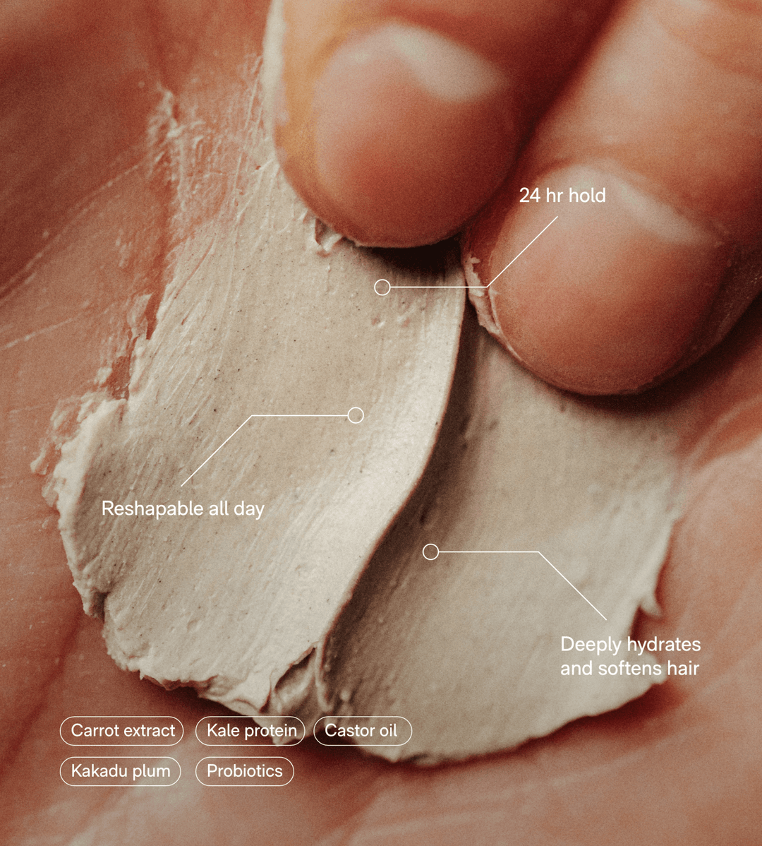 Hand holding a clump of hair putty with text highlighting features and ingredients.