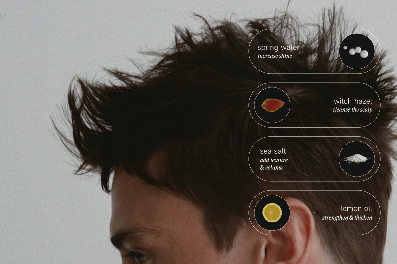 Close-up of a person's hair with four labeled ingredient callouts overlaid on the right side: spring water, witch hazel, sea salt, and lemon oil.