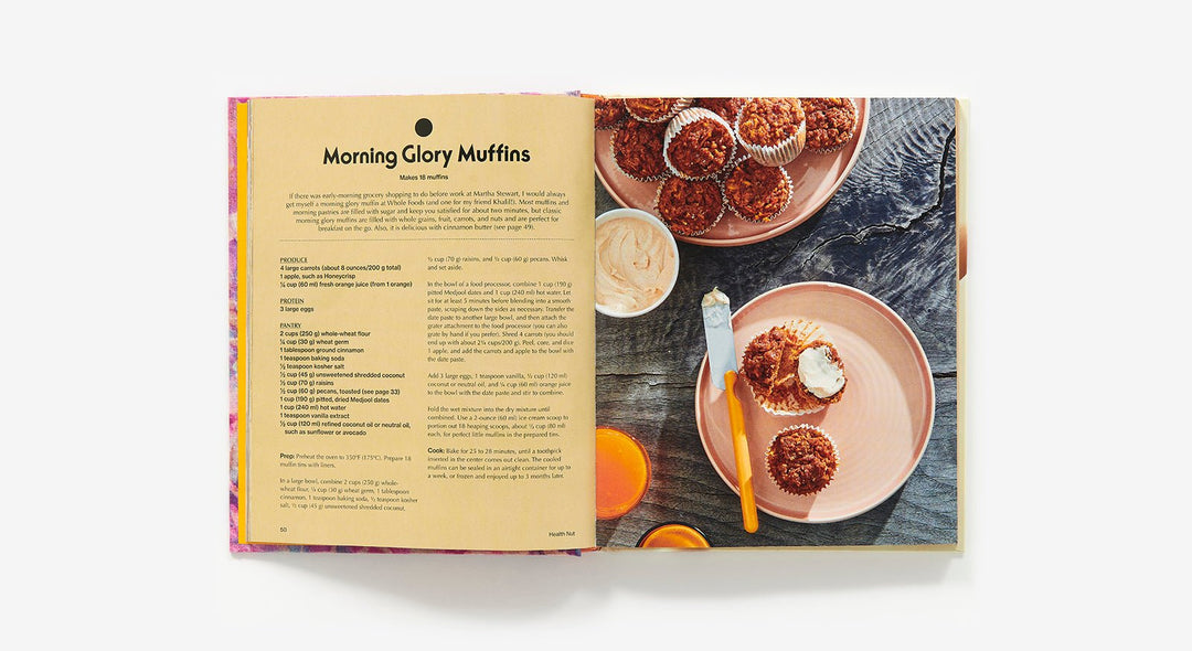 Open cookbook showing a recipe for morning glory muffins with a photo of muffins on a plate.