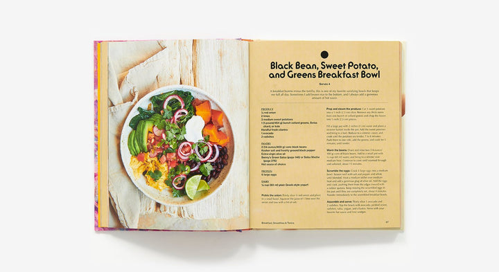 Open book showing a recipe for a Black Bean, Sweet Potato, and Greens Breakfast Bowl.