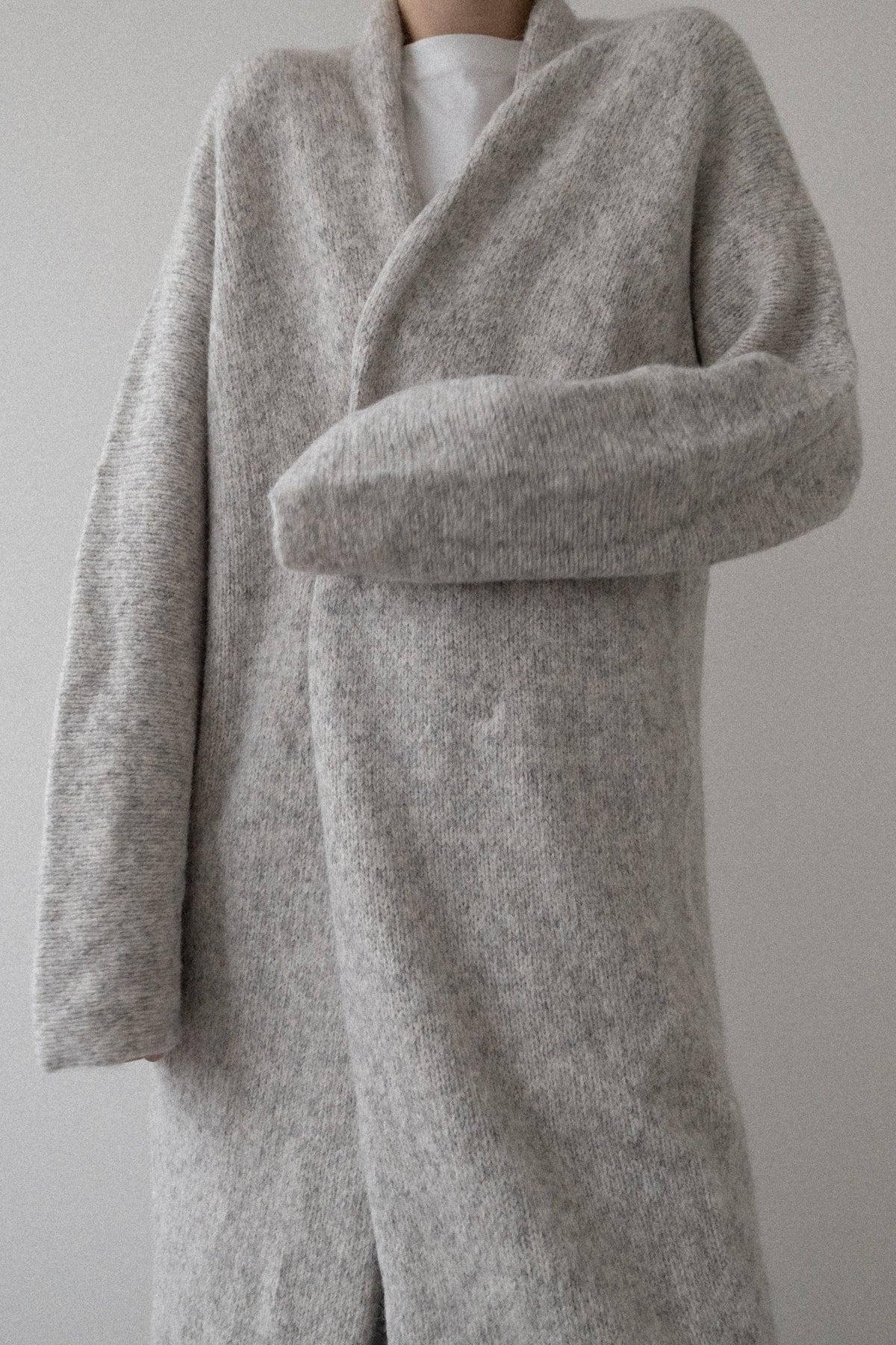 Heirloom Sweater Coat in Cloud by a person on a plain background