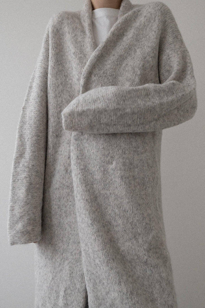 Heirloom Sweater Coat in Cloud by a person on a plain background
