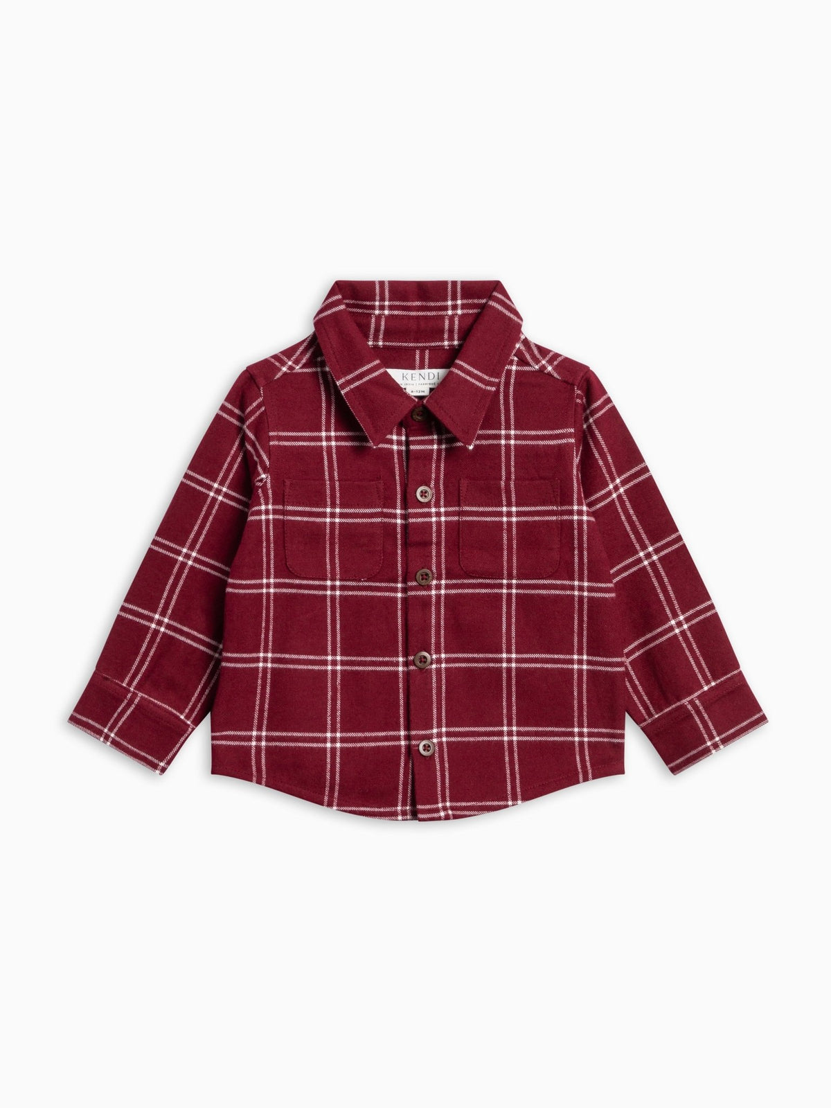A Colored Organics Hugo Flannel Long Sleeve Collared Button Down Shirt long-sleeve button-up shirt in a deep red or burgundy fabric with a white plaid pattern, displayed flat against a clean white background.