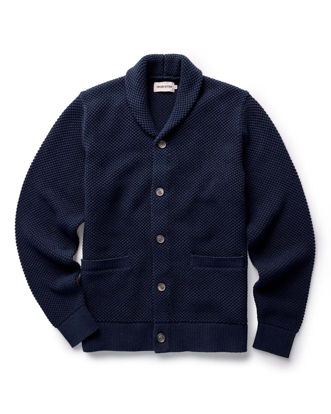 The Crawford Sweater in Navy with buttons on a white background
