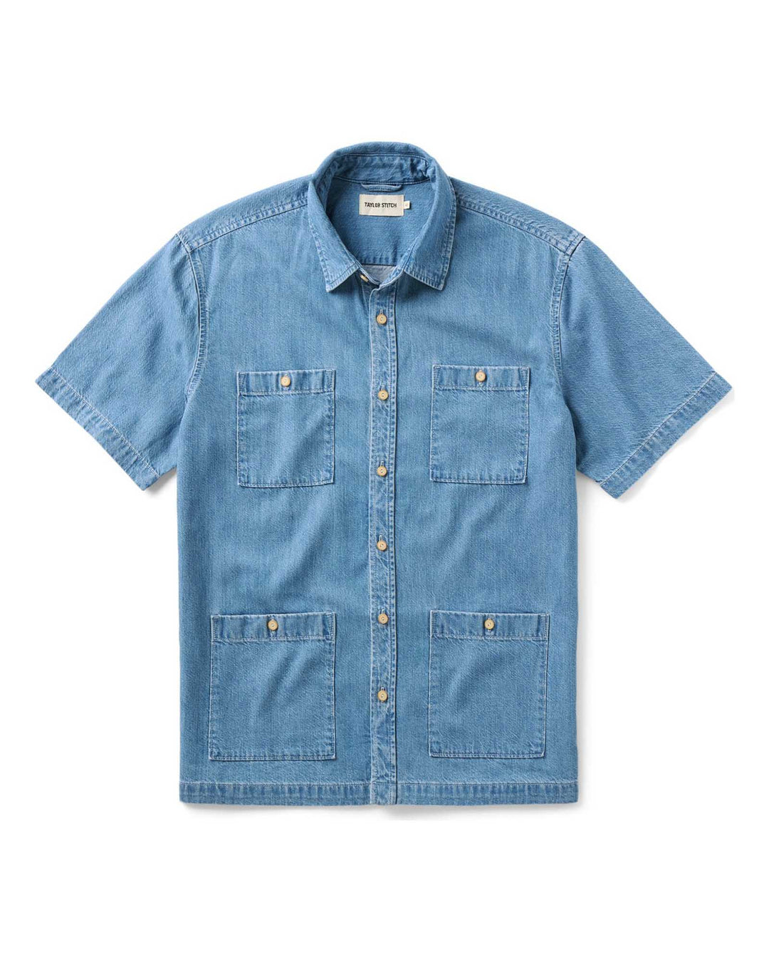 The Gulf Shirt in Washed Indigo Twill with short sleeves on a white background