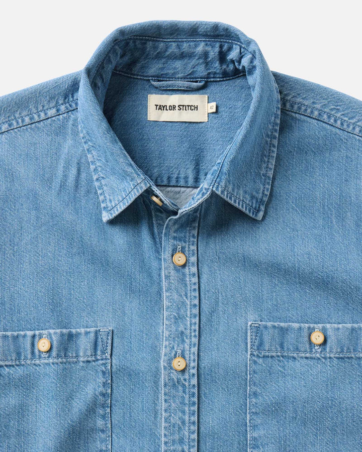 Close-up of The Gulf Shirt in Washed Indigo Twill with &