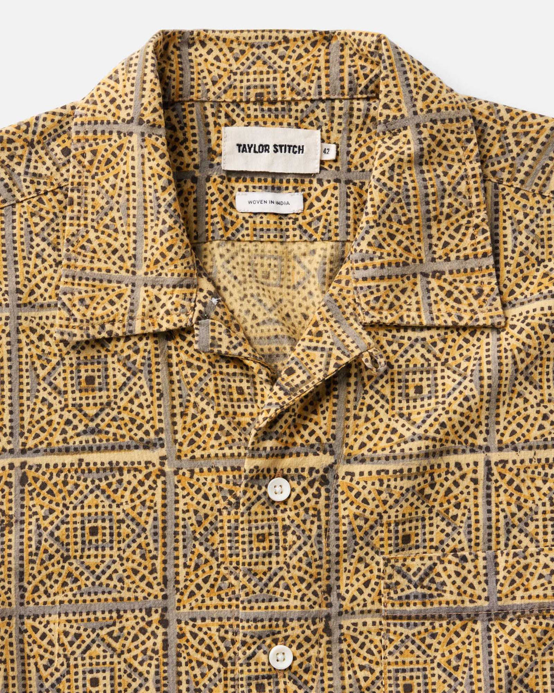 The Hawthorne Shirt in Fennel Block Print with a visible brand label on a light background