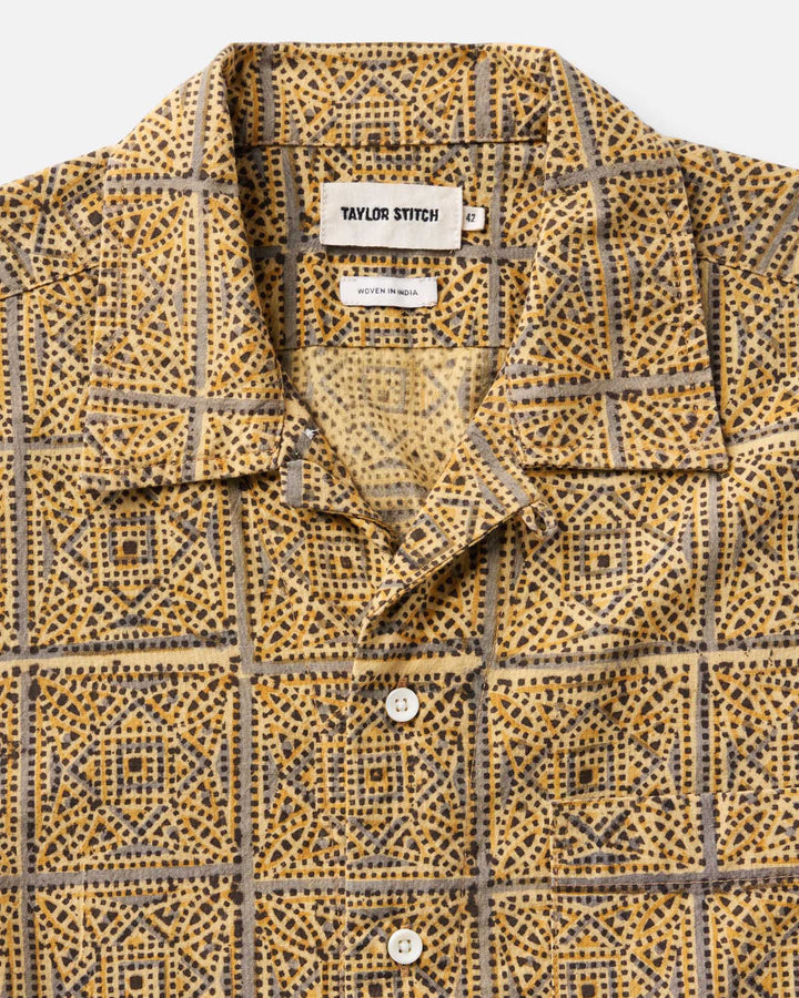 The Hawthorne Shirt in Fennel Block Print with a visible brand label on a light background