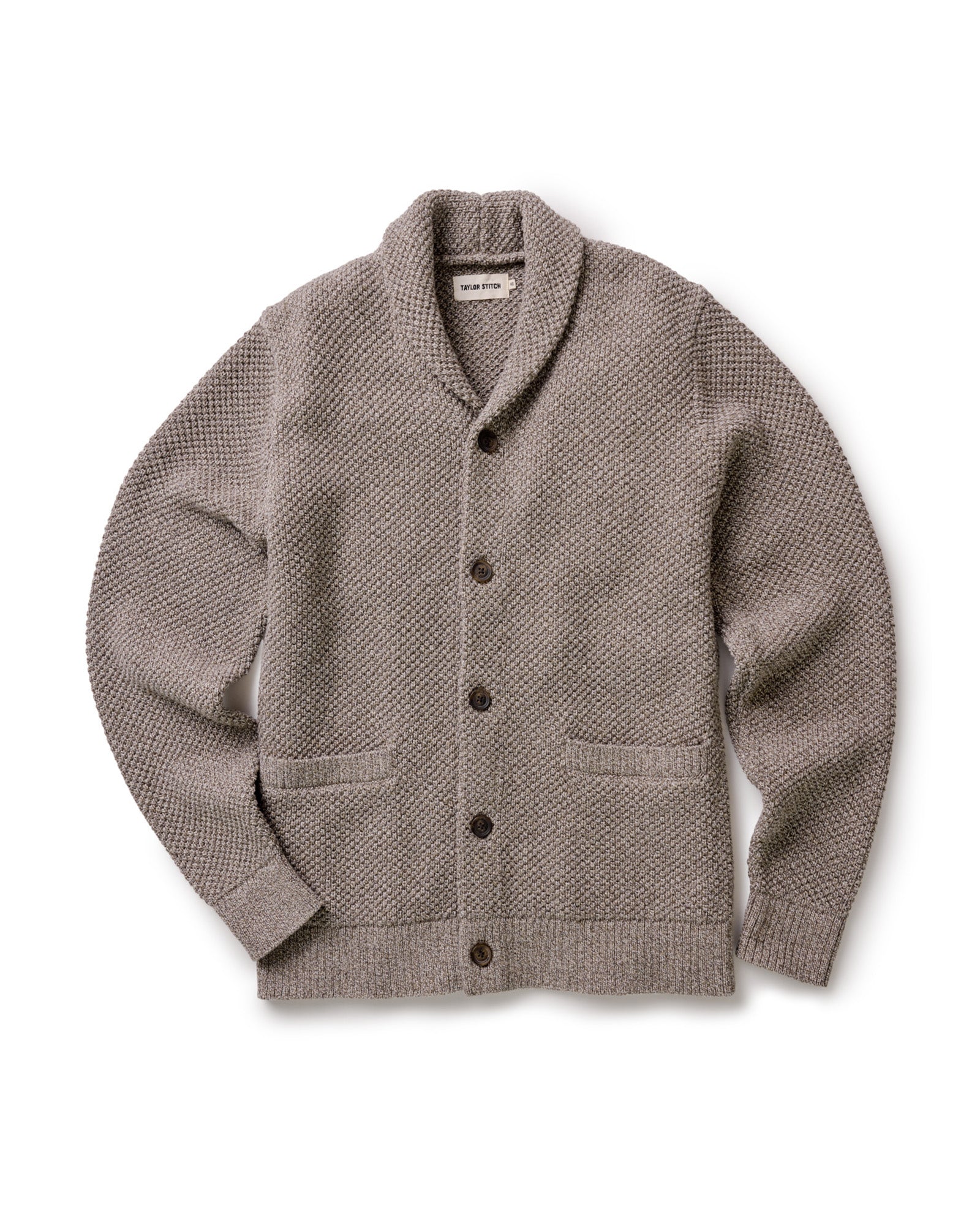 Taylor Stitch's Crawford Sweater in Coffee Twist with button details on a white background