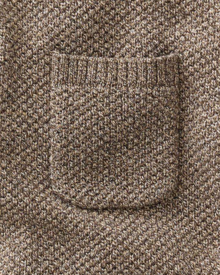 Close-up of the Crawford Crew Sweater in Coffee Twist with a ribbed pocket.