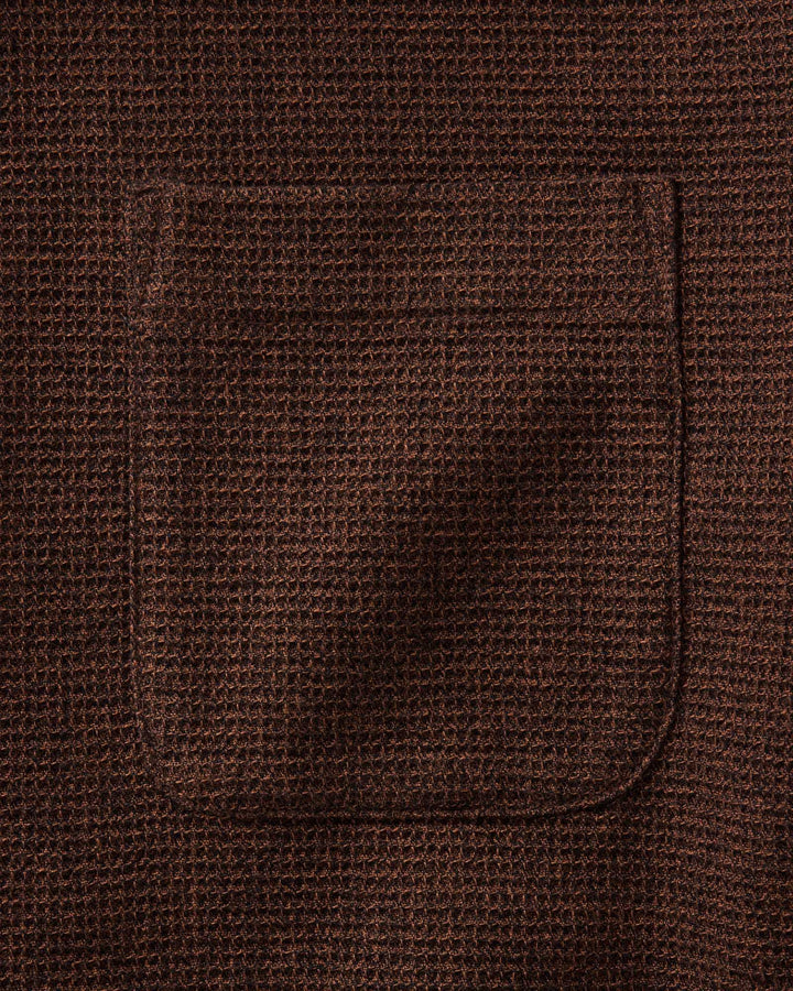 Close-up of The Jack Shirt in Timber Twist Waffle-knit fabric with a single front patch pocket.