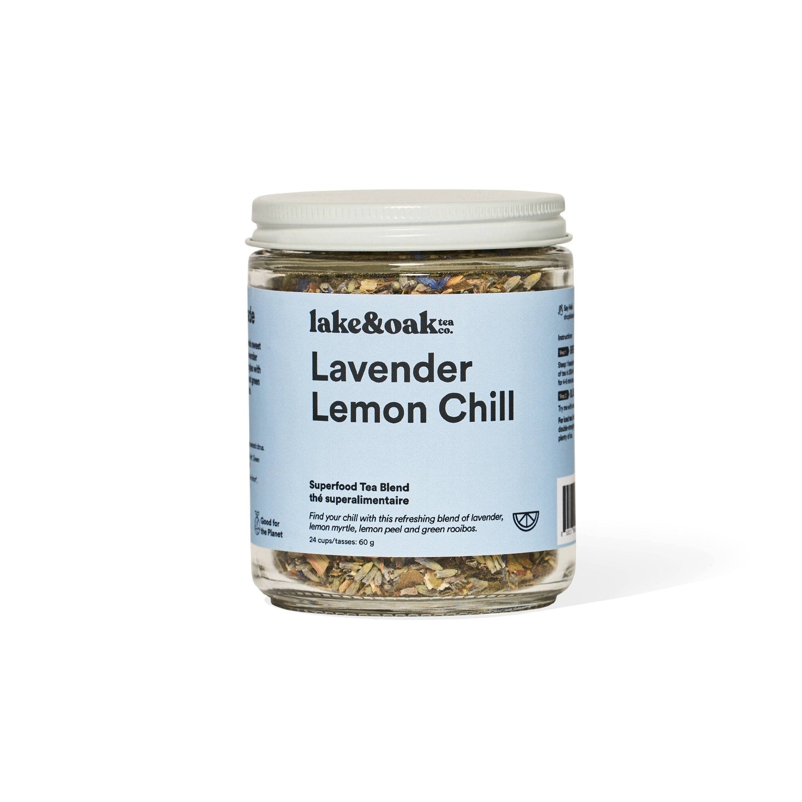 Jar of 'Lavender Lemon Chill' tea blend by lake&Oak on a white background