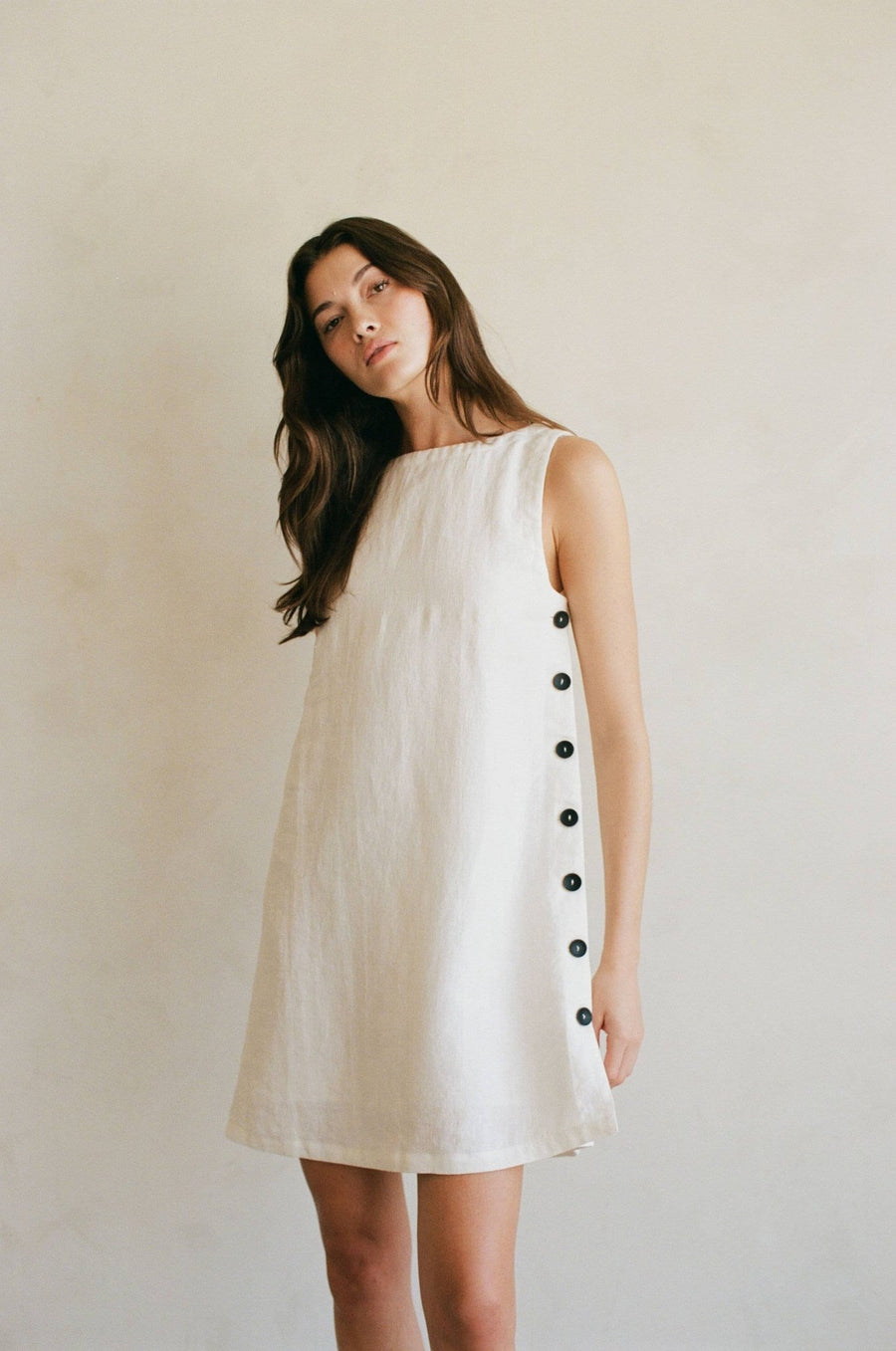 Linen Buttoned Mini Dress | Off White - Echo Market
