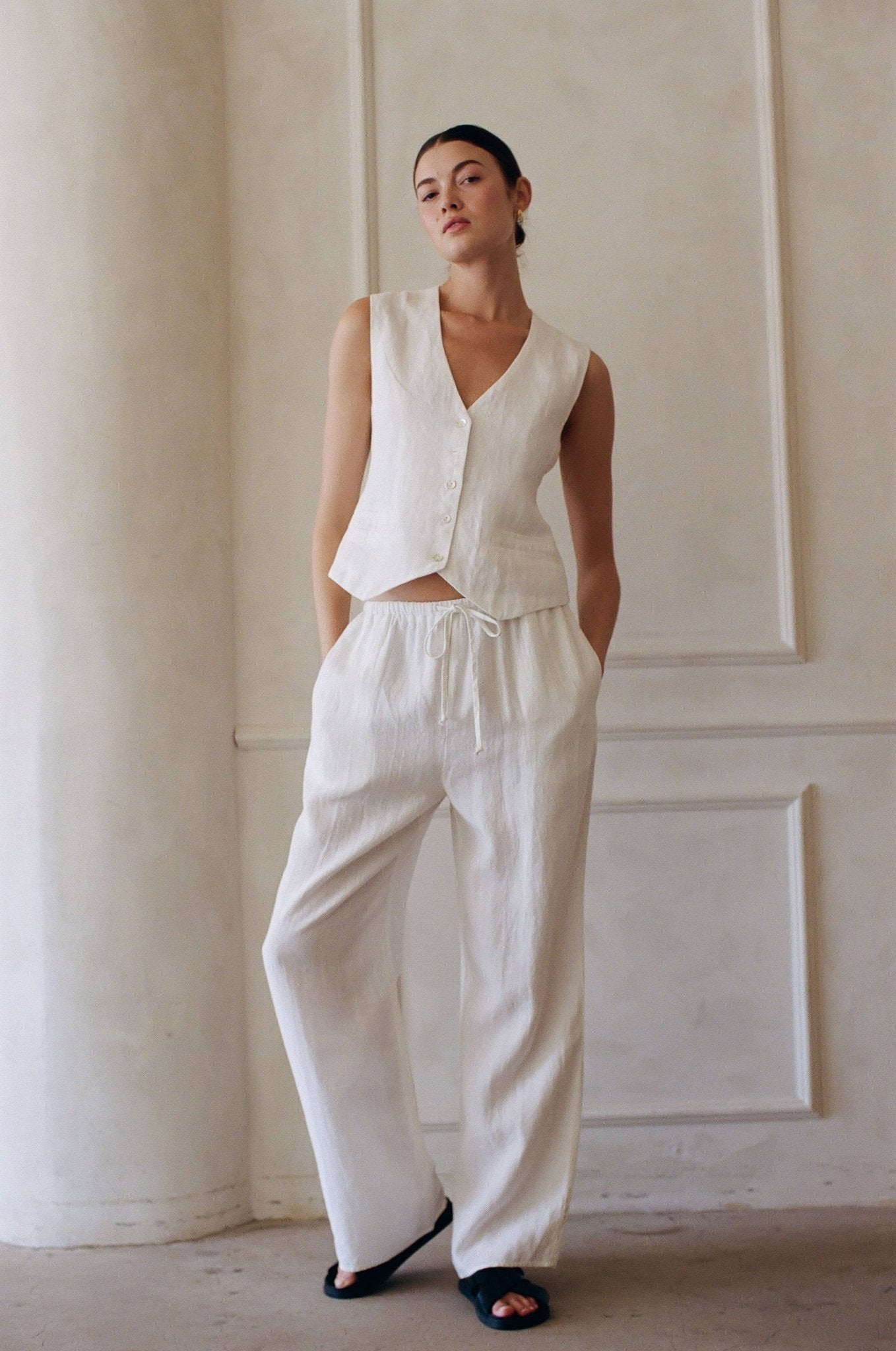 Linen V - Neck Button Down Vest | Off White - Echo Market