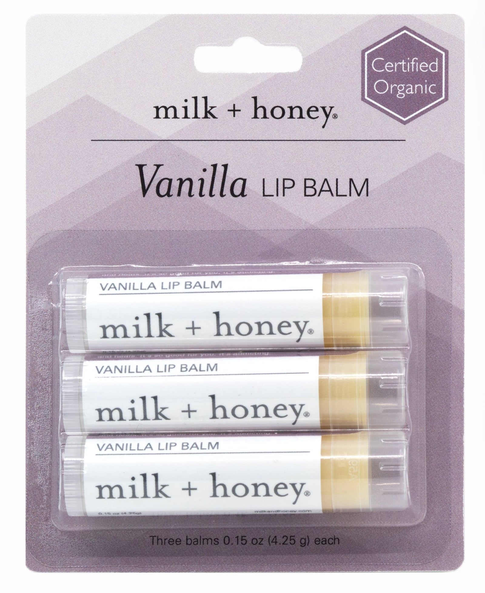 Packaging of milk + honey Vanilla Lip Balm with three lip balms inside.
