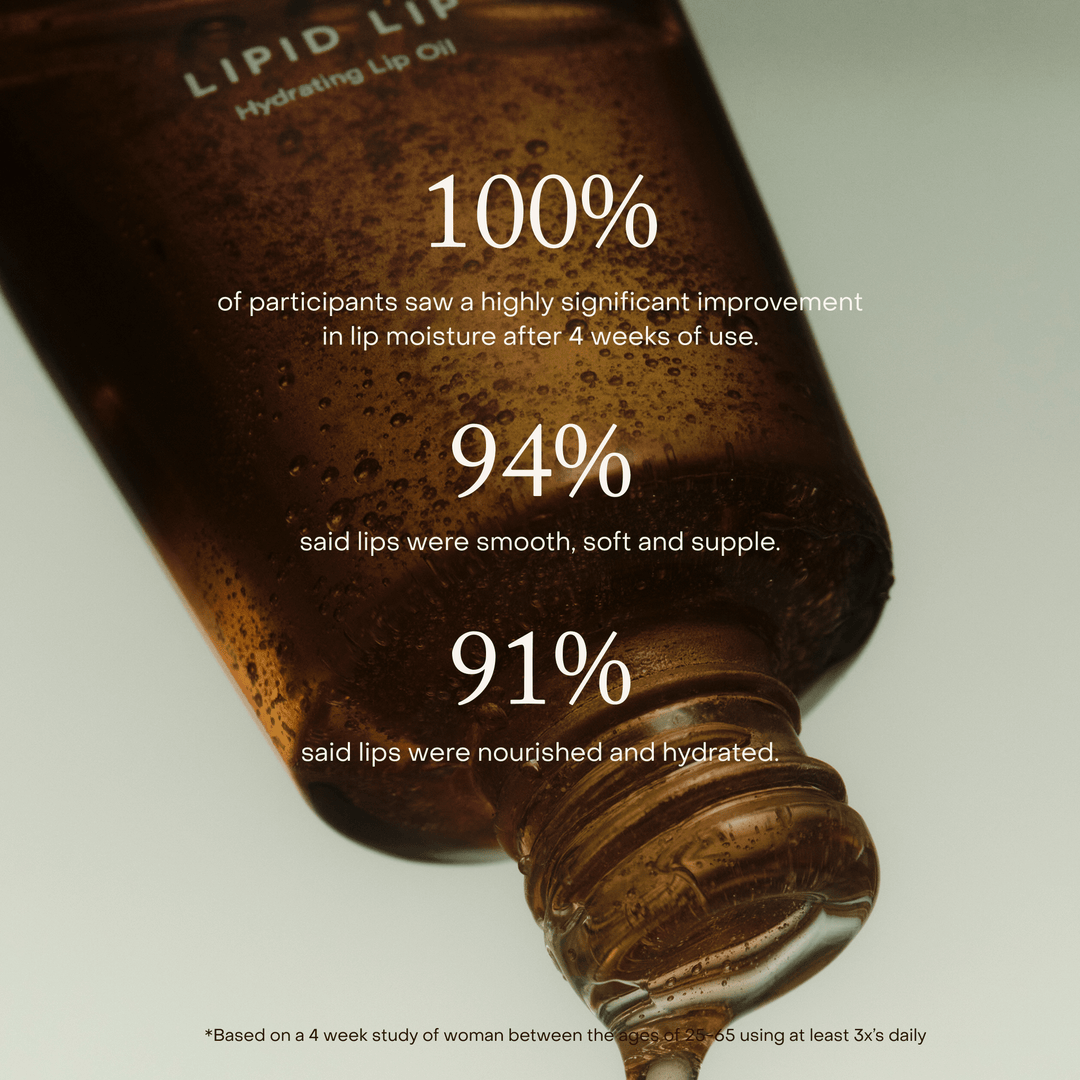 Bottle of Lipid Lip Oil with customer feedback text on a white background