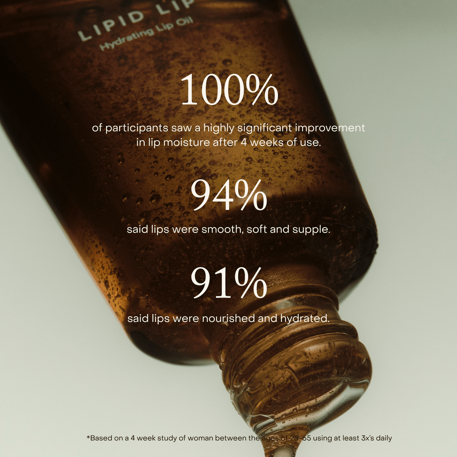 Bottle of Lipid Lip Oil with customer feedback text on a white background