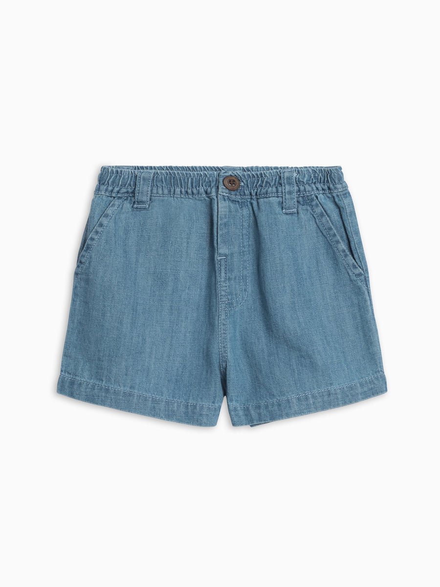 Blue chambray shorts on a white background
