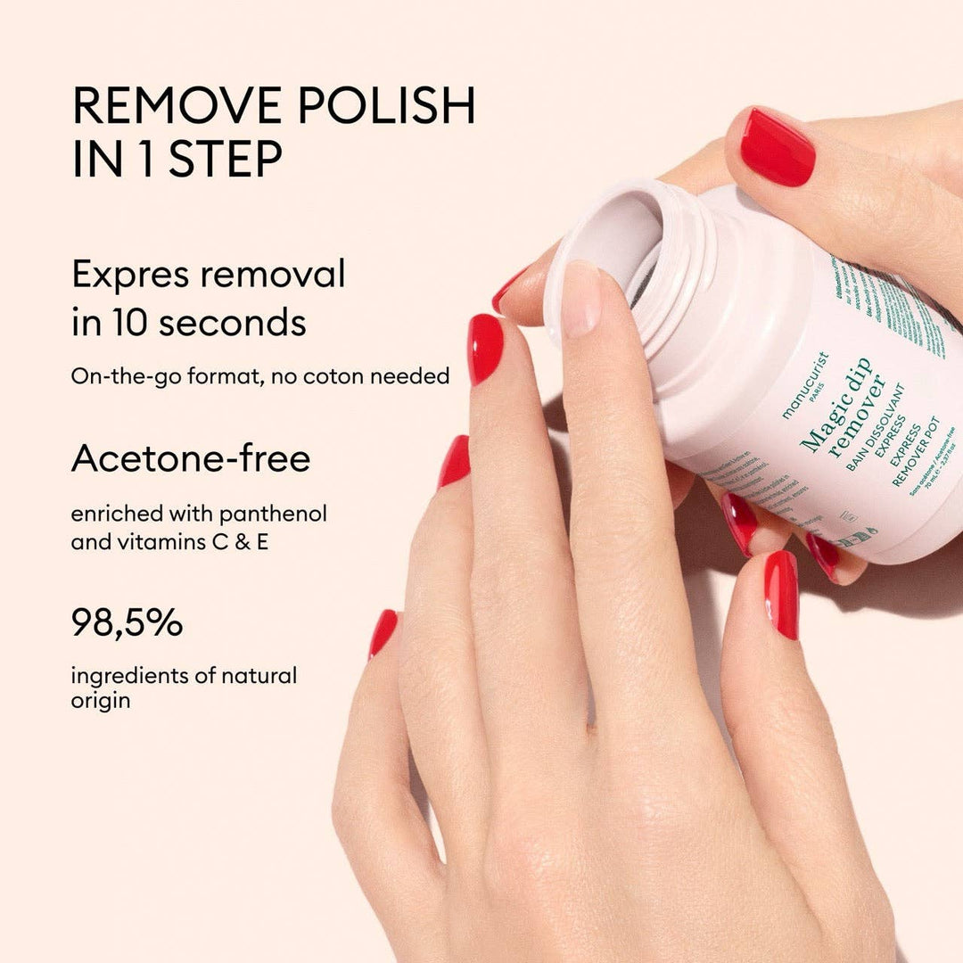 Hand using a nail polish remover with text highlighting features on a beige background