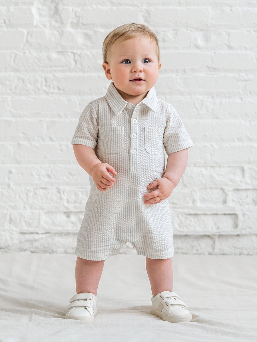 Mato Seersucker Collared Romper | Dune Stripe - Echo Market