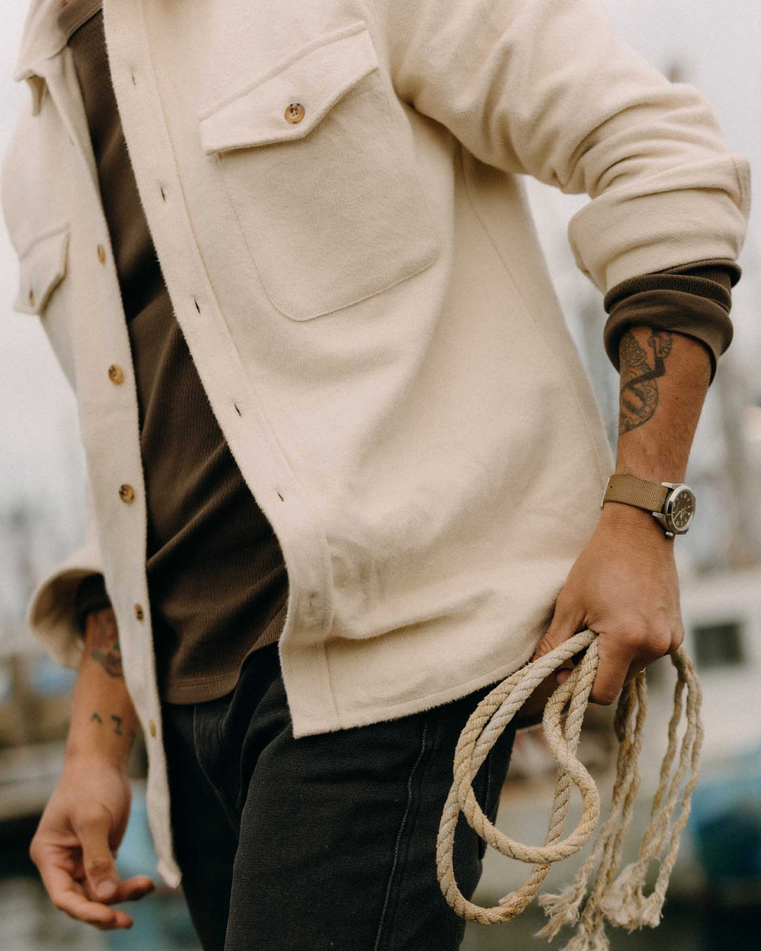 Men's The Maritime Shirt Jacket | Vintage White Moleskin Twill - Echo Market