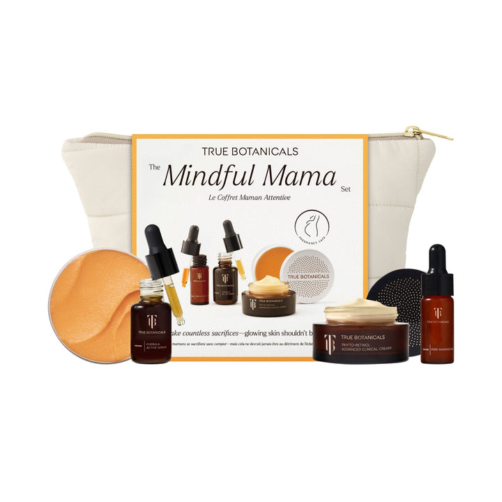 True Botanicals Mindful Mama set with various skincare products on a white background