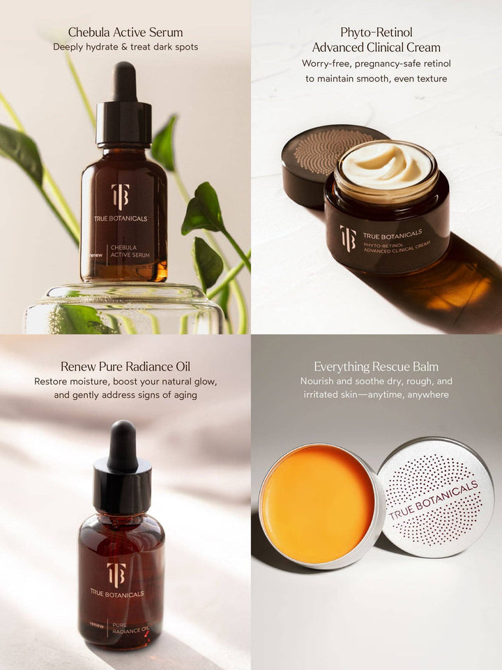 Collage of True Botanicals skincare products including serum, cream, oil, and balm with descriptive text.