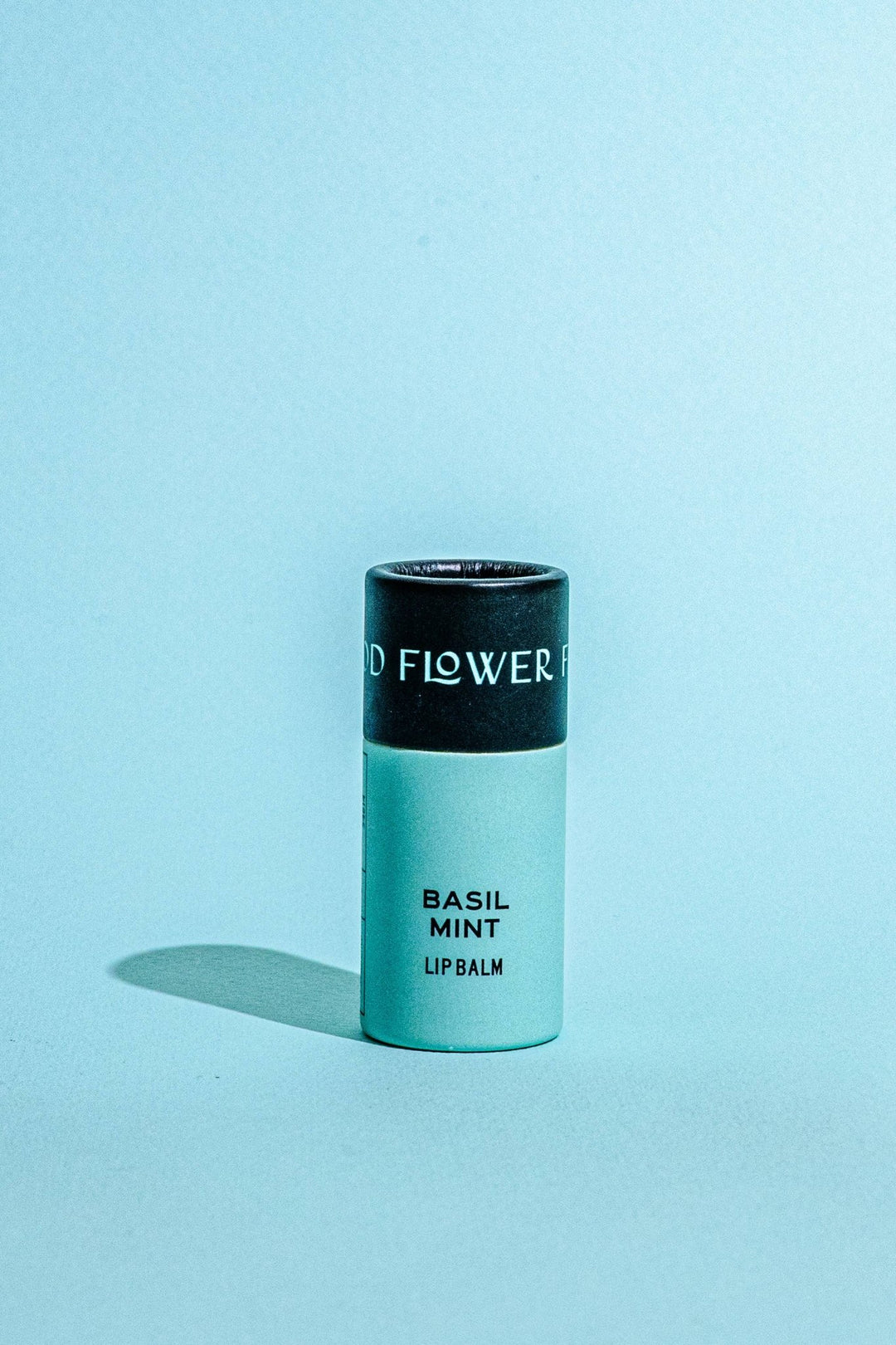 A single tube of lip balm standing upright on a light blue background. The tube is mint green with a black top band and black text reading &