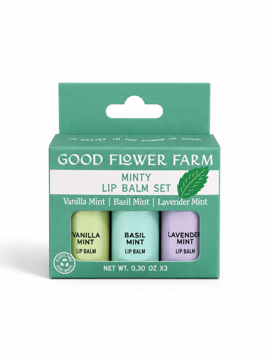 Good Flower Farm Minty Lip Balm Set containing three small tubes in vanilla mint, basil mint, and lavender mint, presented in a green cardboard box with a hanger tab.