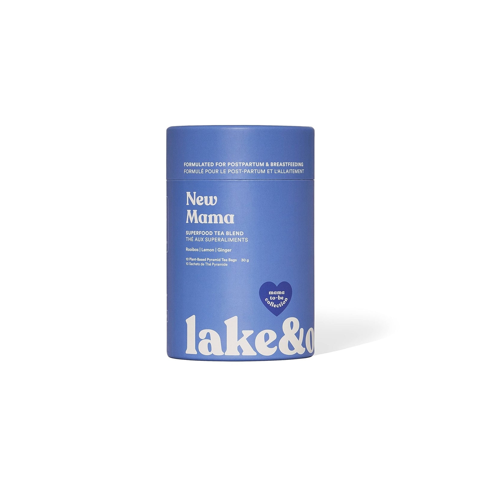 Blue container of 'New Mama' tea blend by lake & oak on a white background