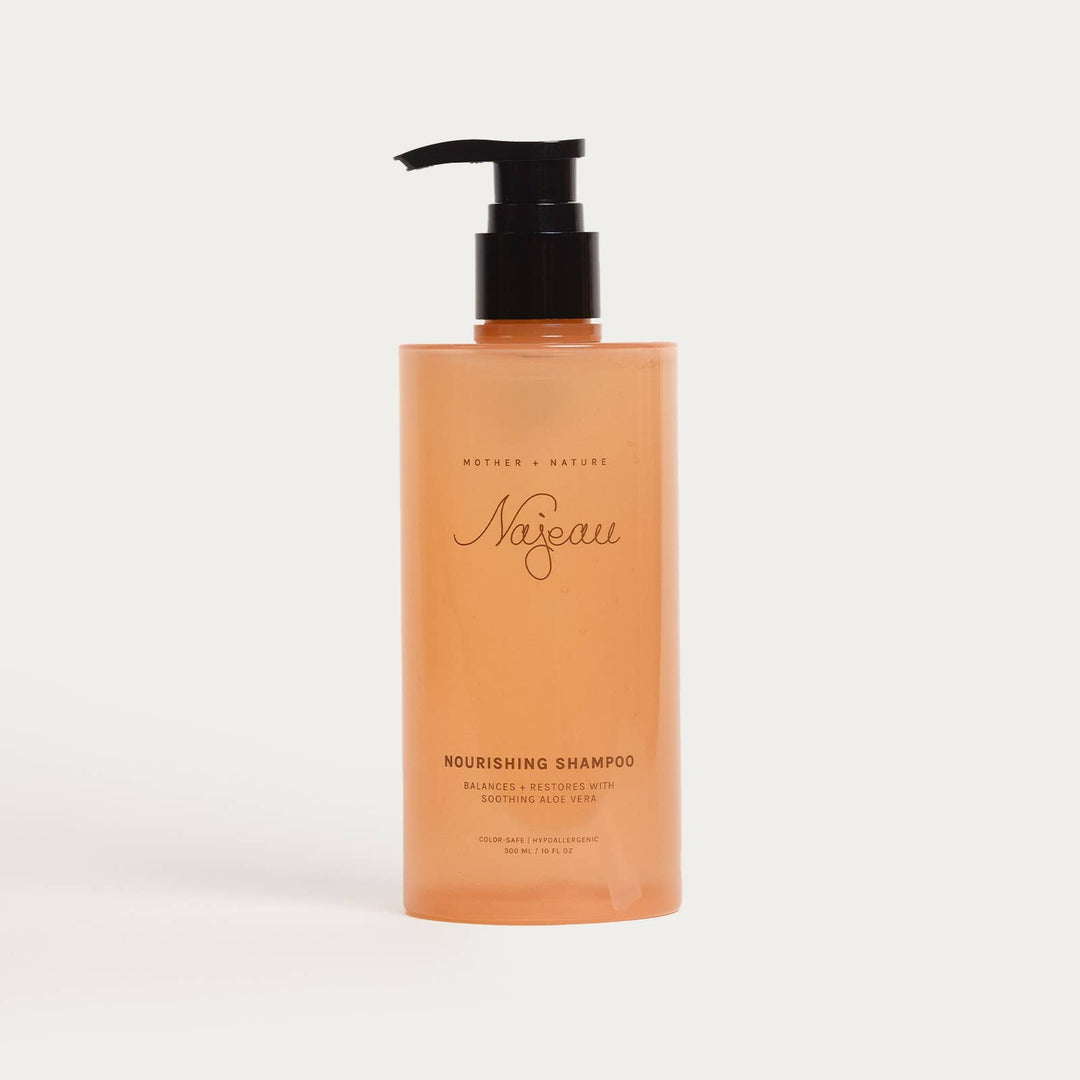 Nourishing shampoo bottle with pump on a light gray background