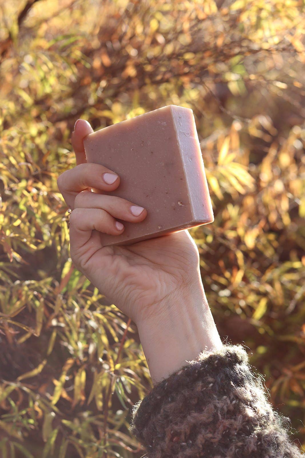 Hand holding a bar of soap against a natural background