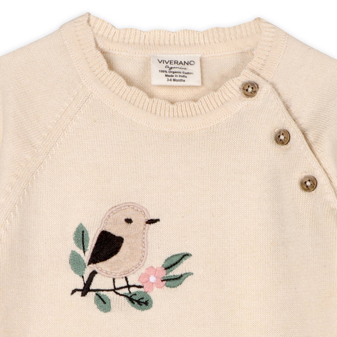 Organic Bird &amp; Floral Embroidered Baby Knit Jumpsuit | Natural - Echo Market