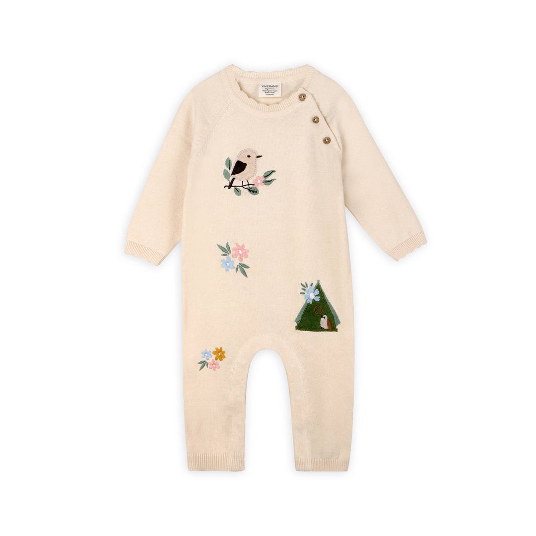 Organic Bird &amp; Floral Embroidered Baby Knit Jumpsuit | Natural - Echo Market