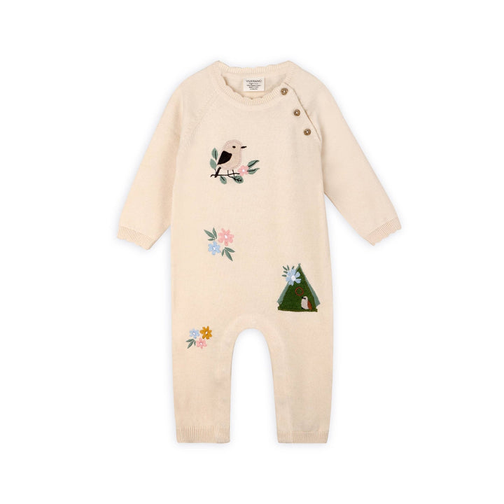 Organic Bird &amp; Floral Embroidered Baby Knit Jumpsuit | Natural - Echo Market