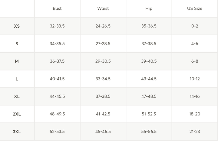 A size chart table with columns for Bust, Waist, Hip, and US Size, listingXS through 3XL sizes in a clean grid format.