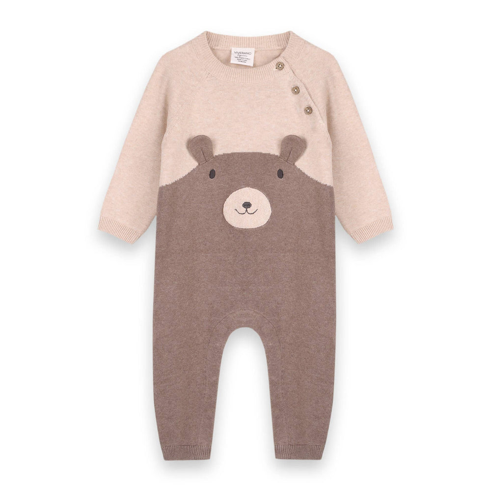 Organic Cuddly Bear Embroidered Sweater Knit Baby Jumpsuit | Natural/Cocoa - Echo Market