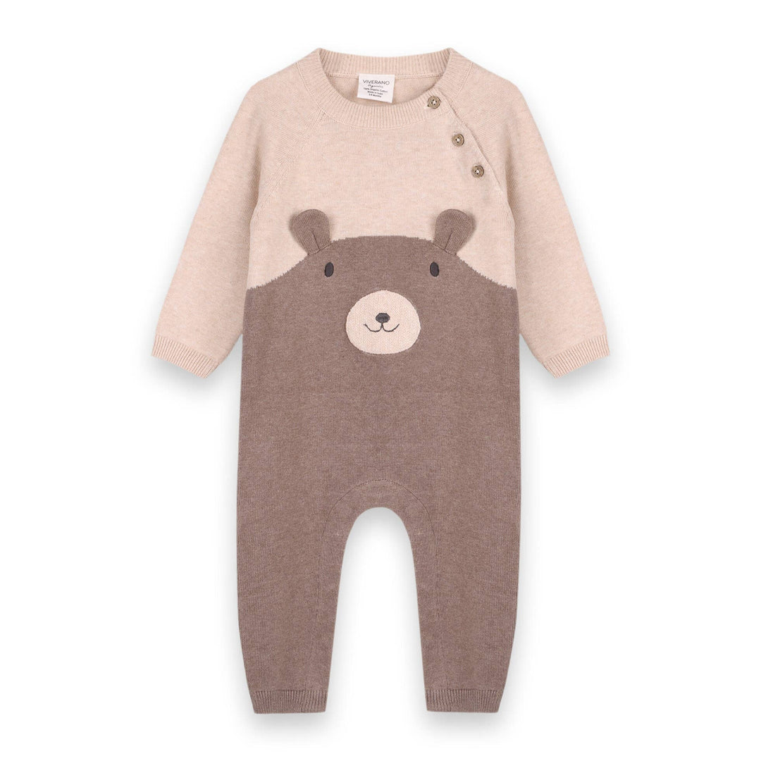 Organic Cuddly Bear Embroidered Sweater Knit Baby Jumpsuit | Natural/Cocoa - Echo Market