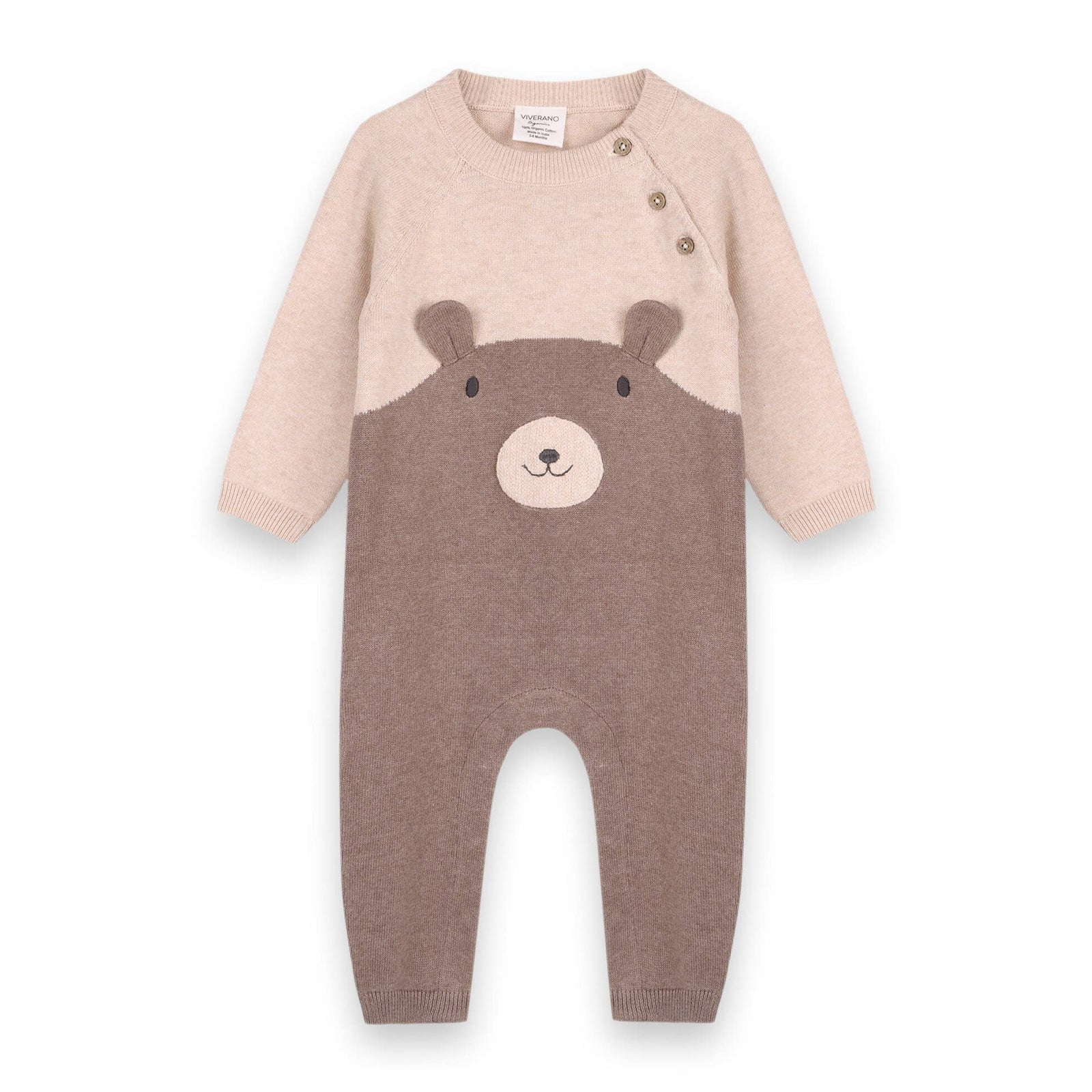 Organic Cuddly Bear Embroidered Sweater Knit Baby Jumpsuit | Natural/Cocoa - Echo Market