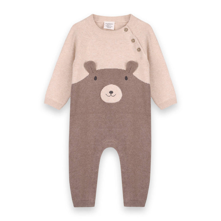 Organic Cuddly Bear Embroidered Sweater Knit Baby Jumpsuit | Natural/Cocoa - Echo Market
