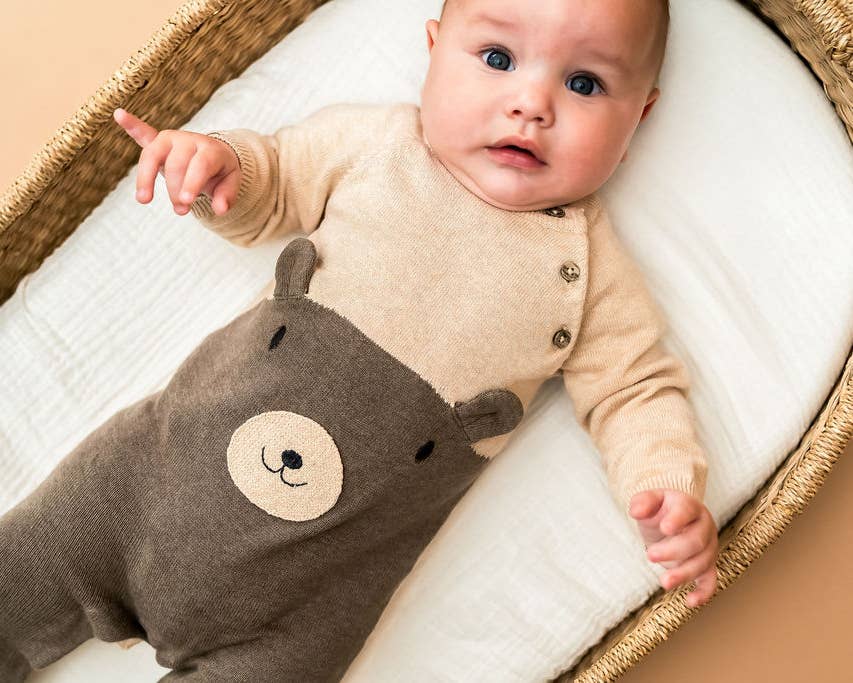 Organic Cuddly Bear Embroidered Sweater Knit Baby Jumpsuit | Natural/Cocoa - Echo Market