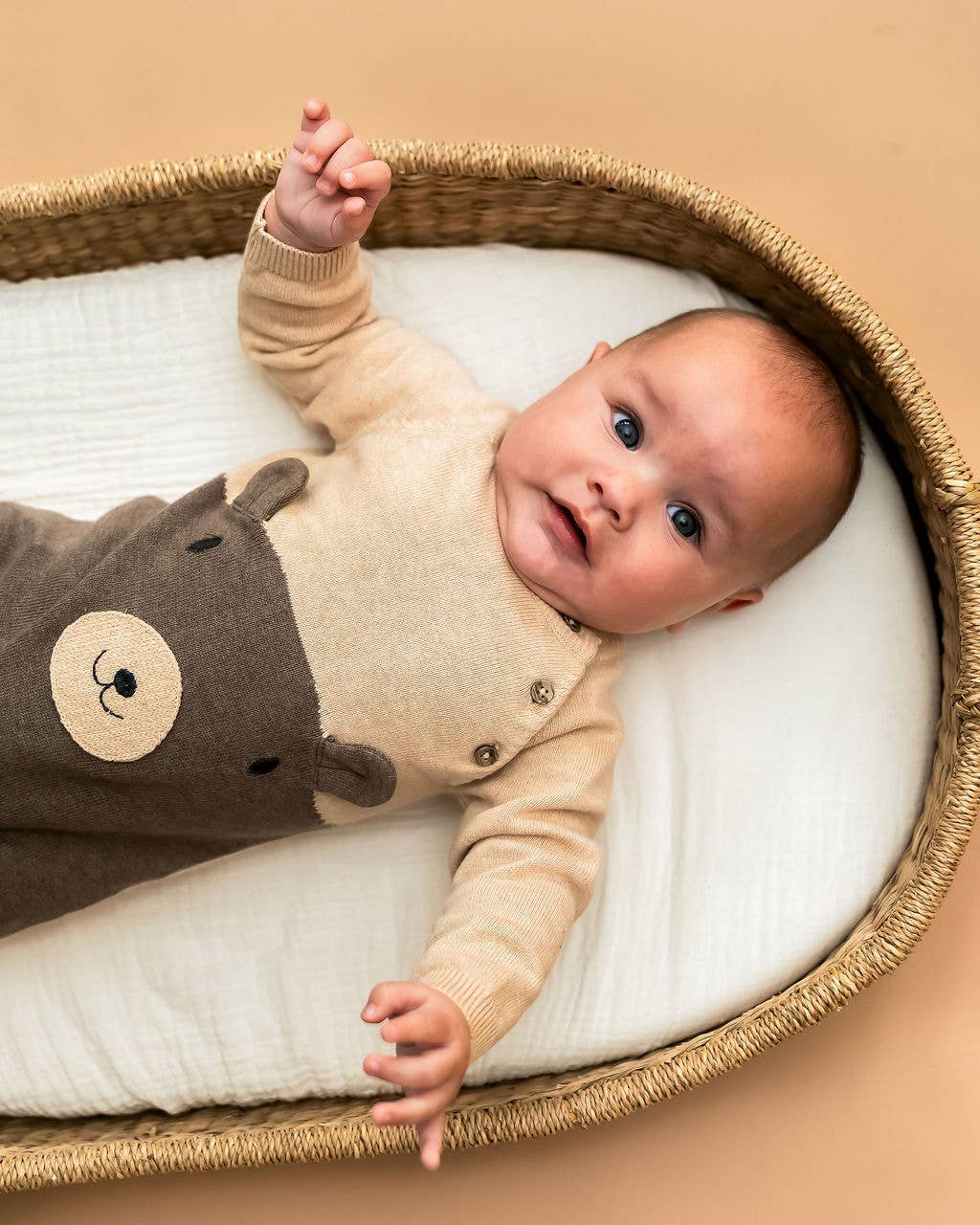 Organic Cuddly Bear Embroidered Sweater Knit Baby Jumpsuit | Natural/Cocoa - Echo Market