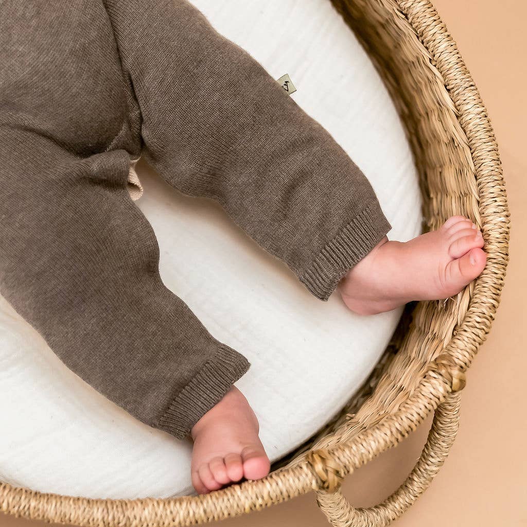 Organic Cuddly Bear Embroidered Sweater Knit Baby Jumpsuit | Natural/Cocoa - Echo Market