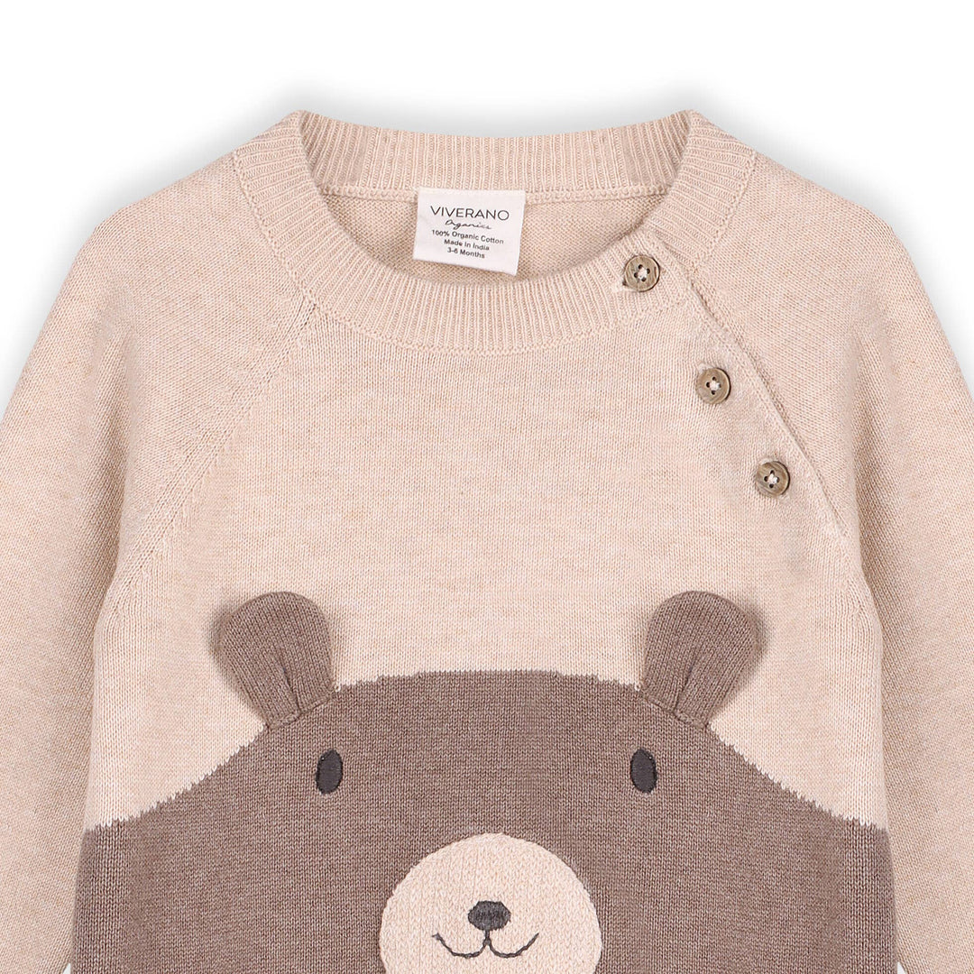 Organic Cuddly Bear Embroidered Sweater Knit Baby Jumpsuit | Natural/Cocoa - Echo Market