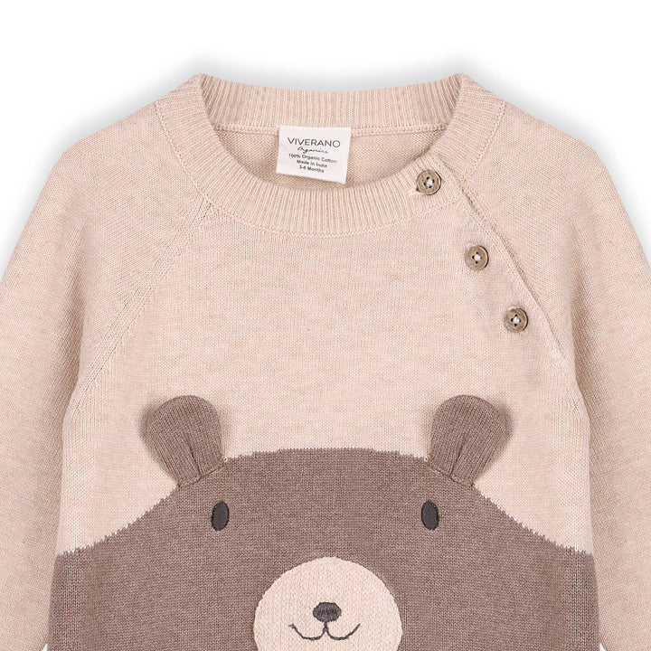 Organic Cuddly Bear Embroidered Sweater Knit Baby Jumpsuit | Natural/Cocoa - Echo Market
