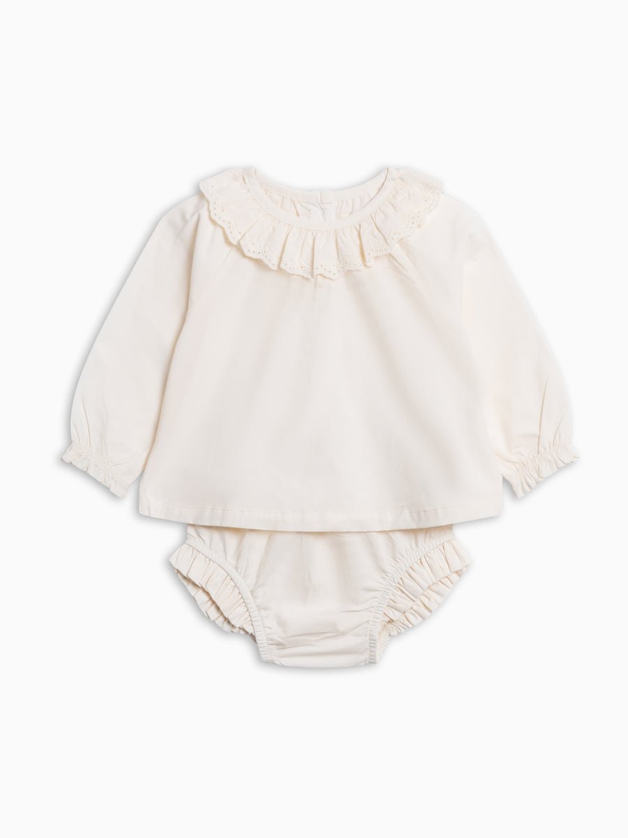 Organic Dorothy Poplin Ruffle Collar Shirt and Bloomer Set | Ivory - Echo Market