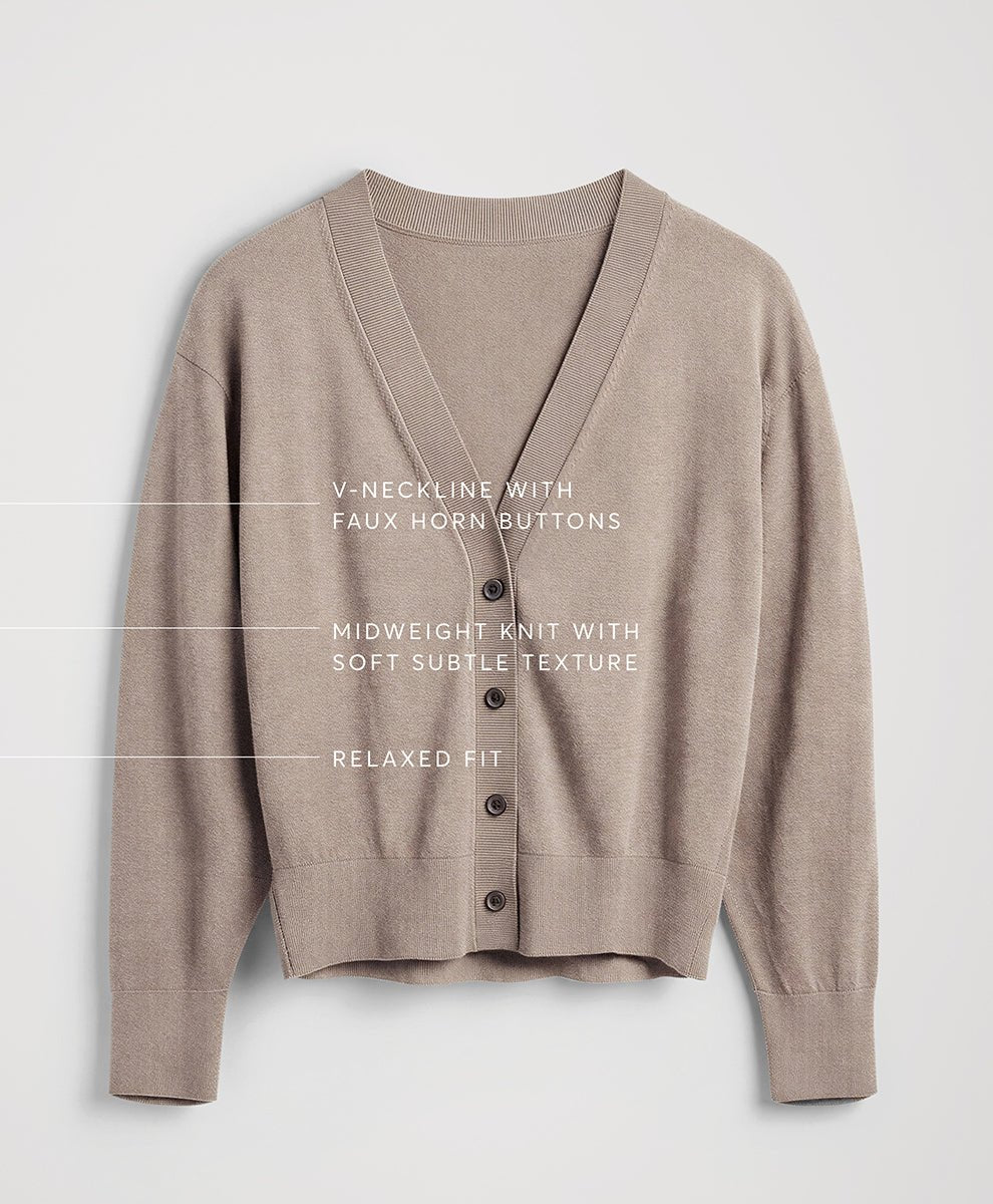 A soft umber heather knit cardigan sweater with a V-neckline, faux horn buttons, and a relaxed fit, shown against a light gray background with white text overlays describing its features.